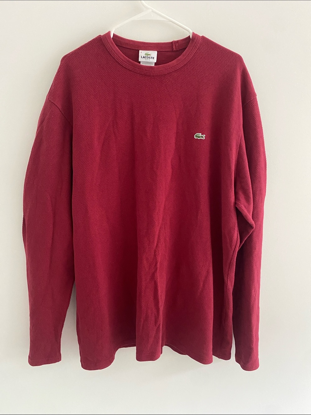 Lacoste Textured Cotton Knit Long Sleeve Crew Neck Top Wine Size Slim 3XL/4XL